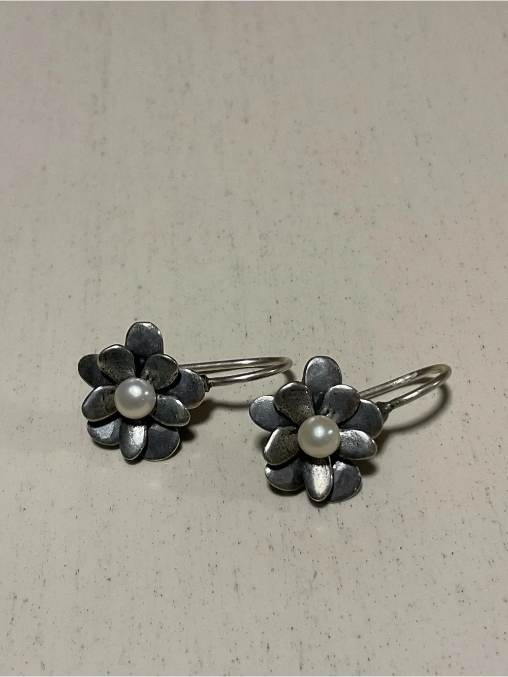 Silpada Silver Floral Earrings with White Pearl Centers